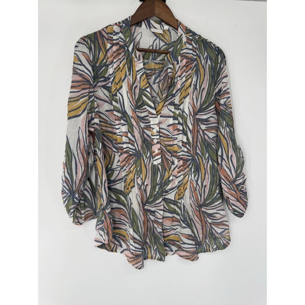Zac & Rachel Tropical Blouse XL Gauze Multicolor Pleat Roll‎ Tab Sleeves beach